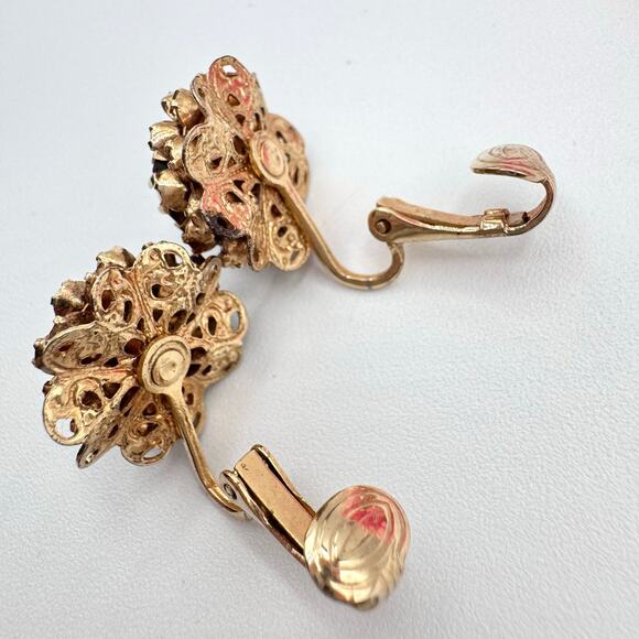 Vintage Sarah Coventry Red Rhinestone Clip On Earrings Romantic Filigree 3D - Picture 10 of 14